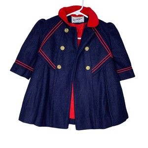 Vintage Rothschild Girls Size 2 Navy Wool Blend Coat Red Blue Short Bow Dress Up